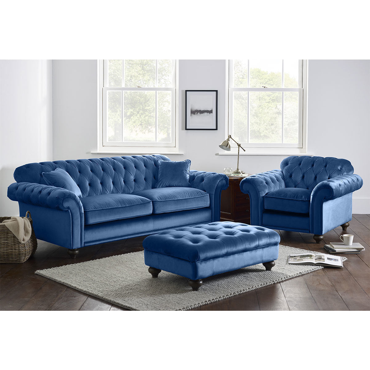 Bordeaux Button Back Blue Velvet Armchair